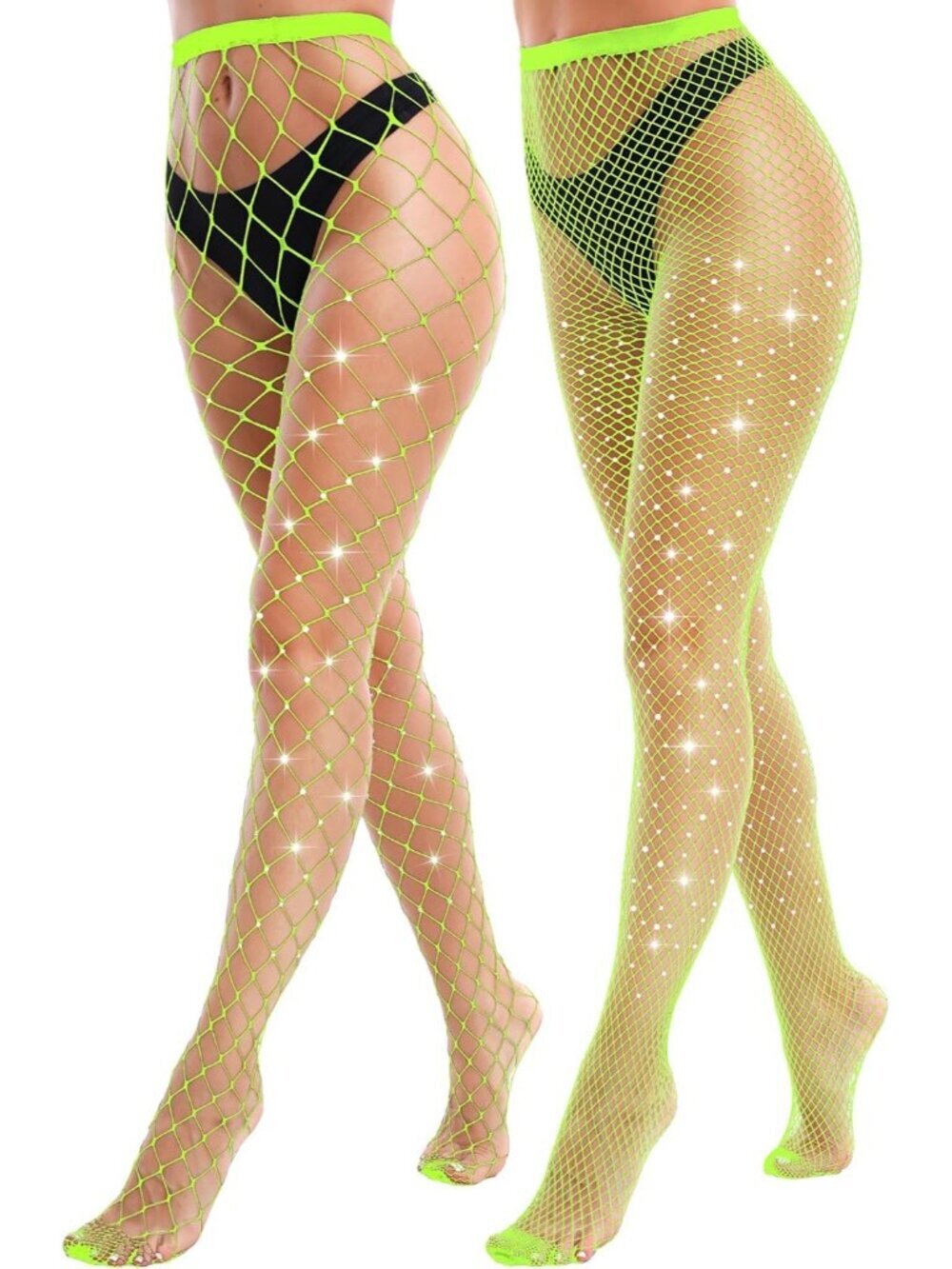 Women's Green 2 Pack Sparkly Glitter Rhinestone Mesh Fishnet Stockings Tights